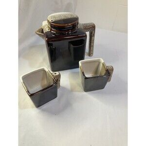 Tri Color Pier 1 Imports Stoneware Teapot/2 Cups Brown Tea Coffee Set
